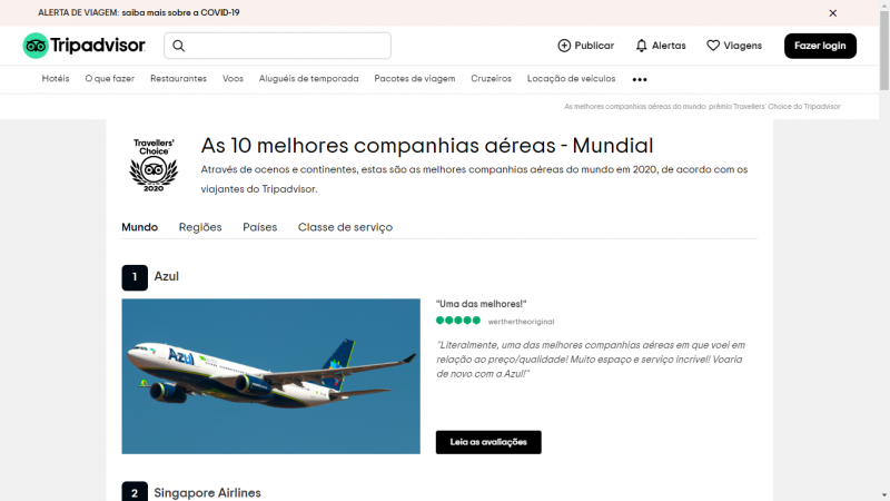 Reprodução - Empresa aérea figura no topo do ranking do Tripadvisor Travelers