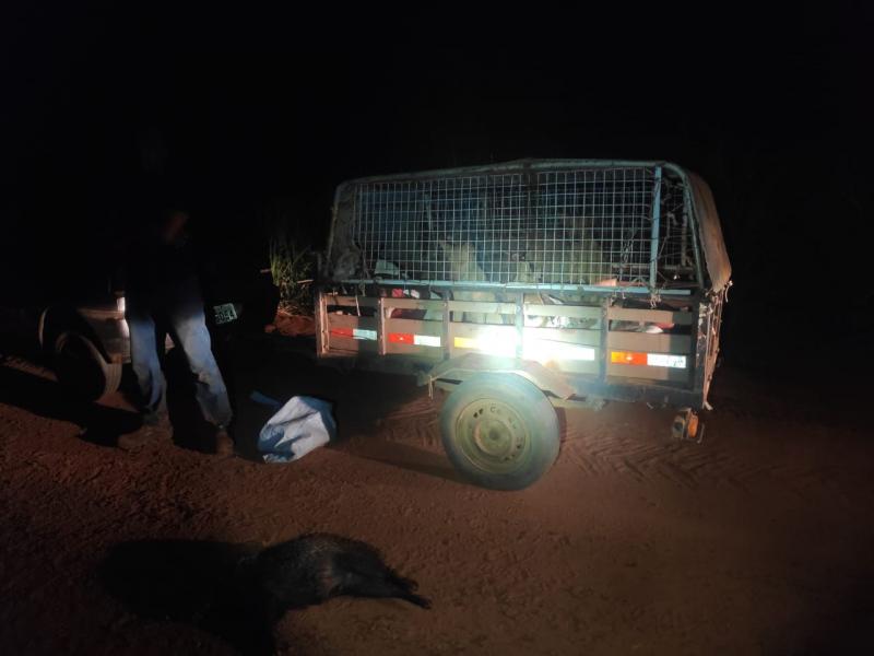 Cedida Polícia Militar Ambiental | Veículo dos caçadores possuía uma gaiola com nove cachorros para caça