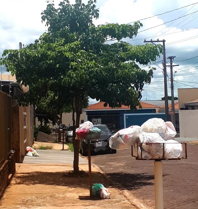 Ontem, segundo dia pós-retorno da coleta do final de semana de festas, as lixeiras estavam cheias 