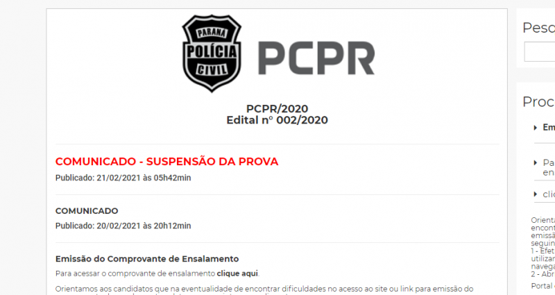 Comunicado foi publicado às 5h42 de domingo, no site da organizadora do certame