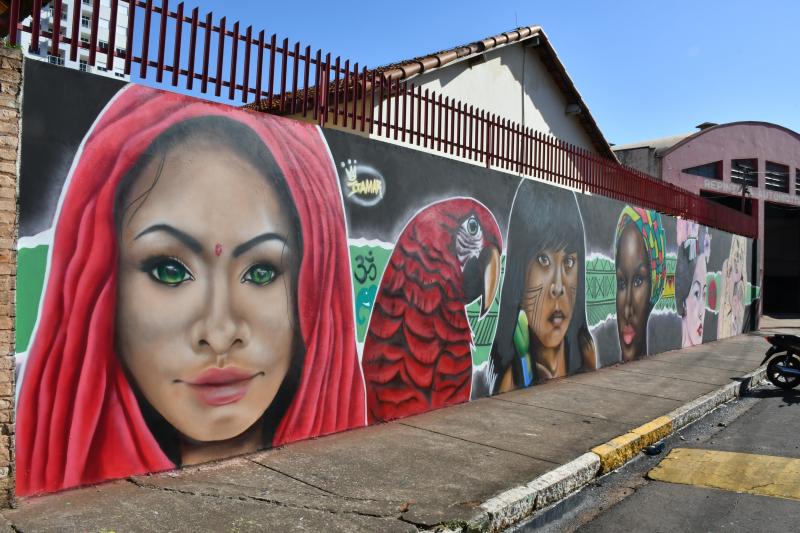 Diferentes mulheres - indígena, africana, indiana e japonesa – são retratadas no mural