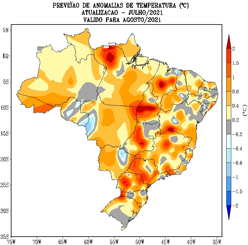 Área em vermelho indica temperatura acima do normal para o período