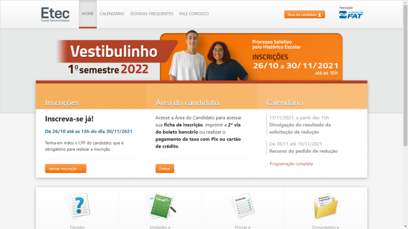 Inscrições devem ser feitas exclusivamente pelo site do vestibulinho das Etecs
