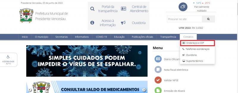 Munícipe deve acessar site, ir à aba "Contatos" e selecionar a opção "Endereços e CEP"