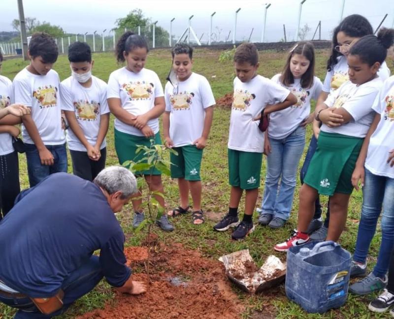 Representantes das escolas municipais fizeram plantio de árvores ao redor da unidade de coleta seletiva