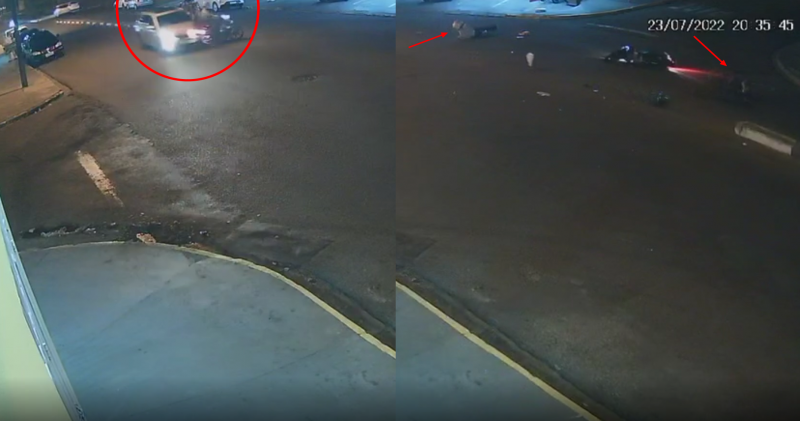 Câmera de monitoramento mostra momento em que indiciado atinge motocicleta ocupada por duas pessoas