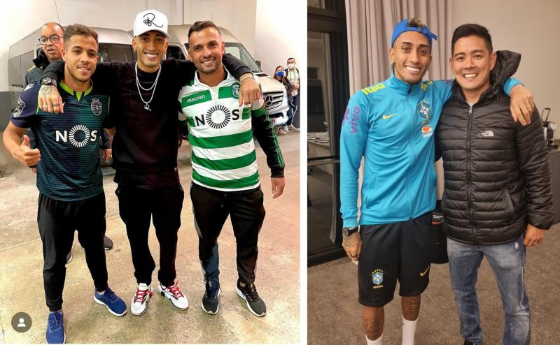 À esquerda, Raphinha junto aos irmãos Mateus e Cristian; à direita, camisa 11 da seleção posa pra foto junto a Keite Kihara