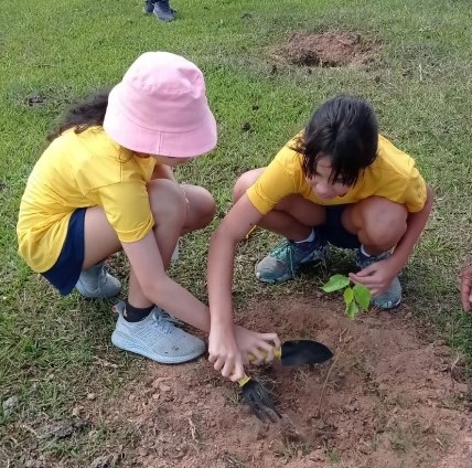 Pequenos voluntários compartilham o bem com o meio ambiente plantando uma nova muda