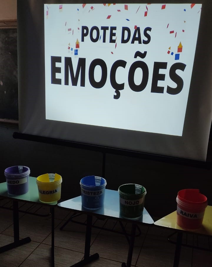 “Pote das Emoções”: o amarelo remete à alegria; o azul, tristeza; verde à esperança; o vermelho ao medo