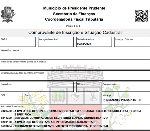 Neste documento são especificadas a atividade econômica, os serviços que elas prestam,