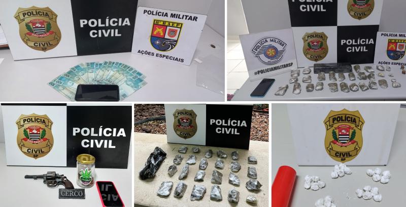Durante ação policial foram apreendidos uma arma de fogo calibre .32, R$ 17,5 mil em espécie, aparelhos celulares e porções de droga