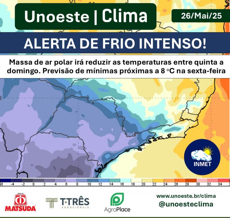 Massa de ar polar vai derrubar temperaturas na região