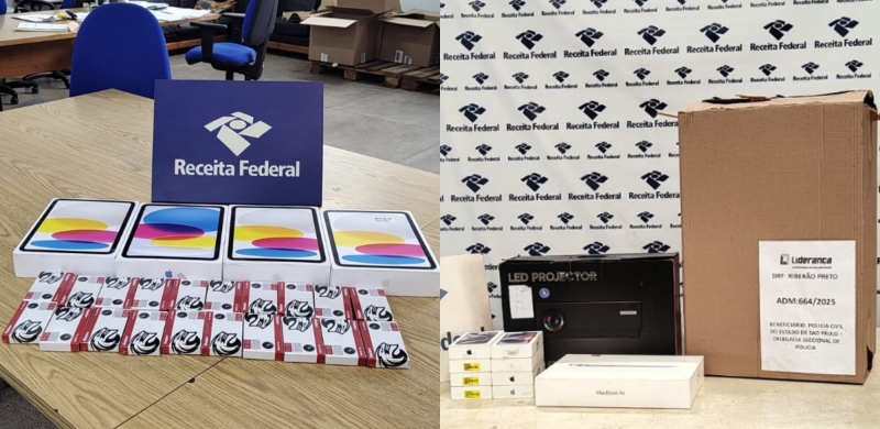Drone, projetor, notebook, smartphones, tablets e dispositivos foram apreendidos pela Receita