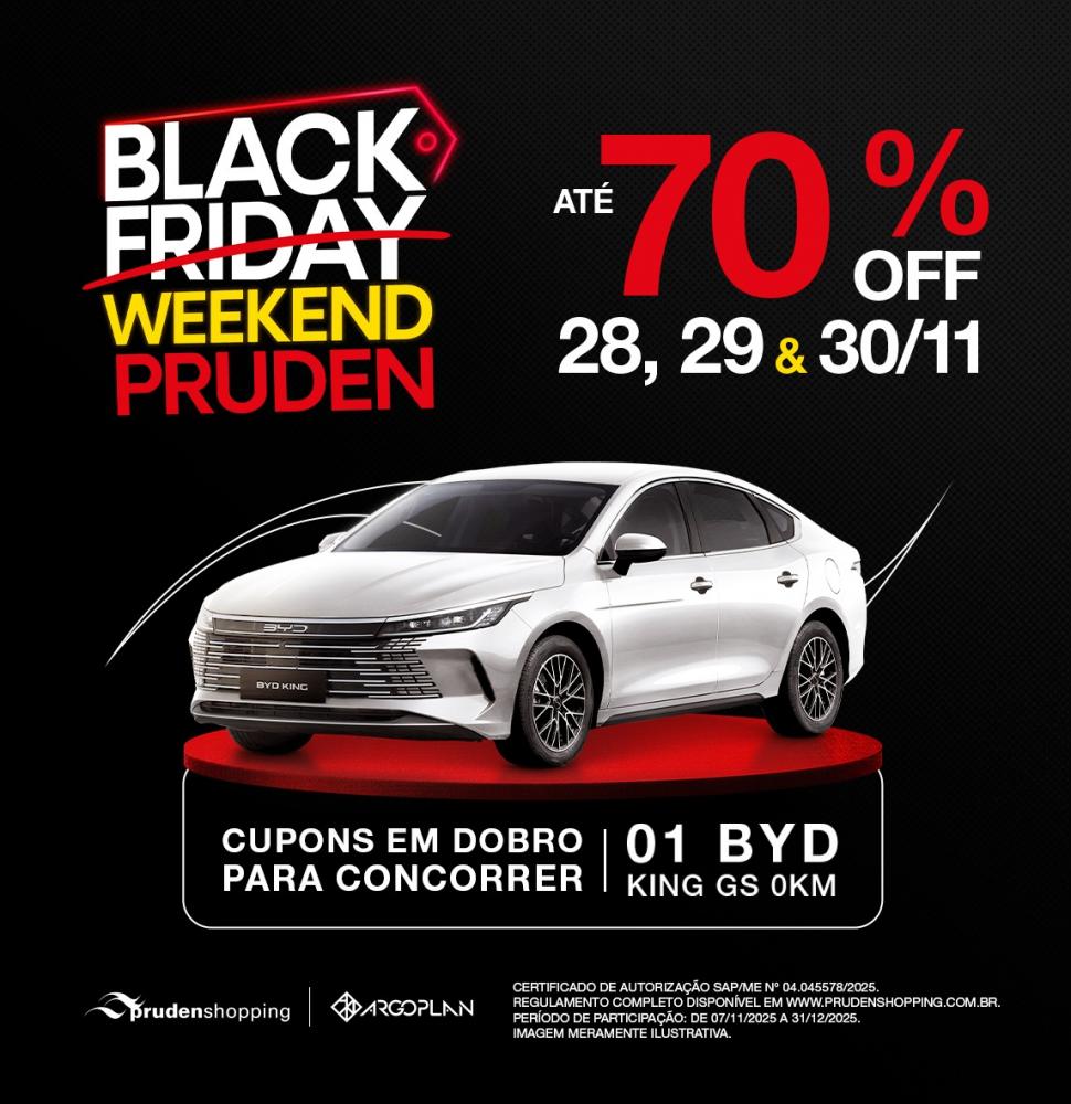 A cada R$ 500 em compras, cliente ganha números da sorte em dobro para concorrer a um BYD King GS 0 km na promoção de Natal do Prudenshopping