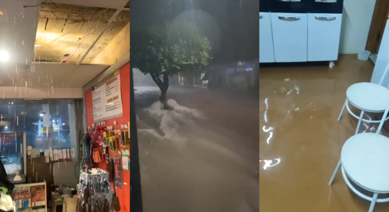 Vídeos mostram forte correnteza invadindo vias públicas, residência e estabelecimento comercial