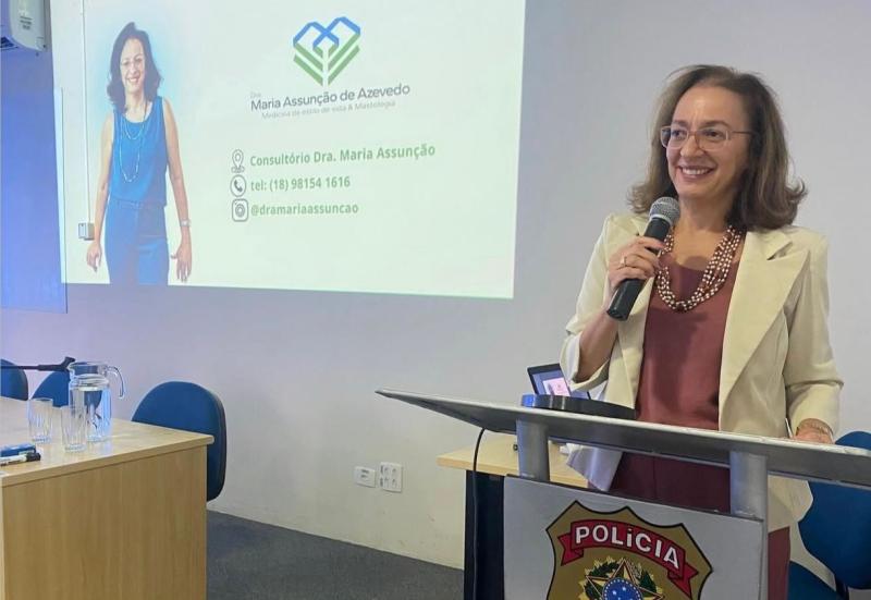 Dra. Maria Assunção durante momento de integração e cuidado com a saúde na PF de Prudente