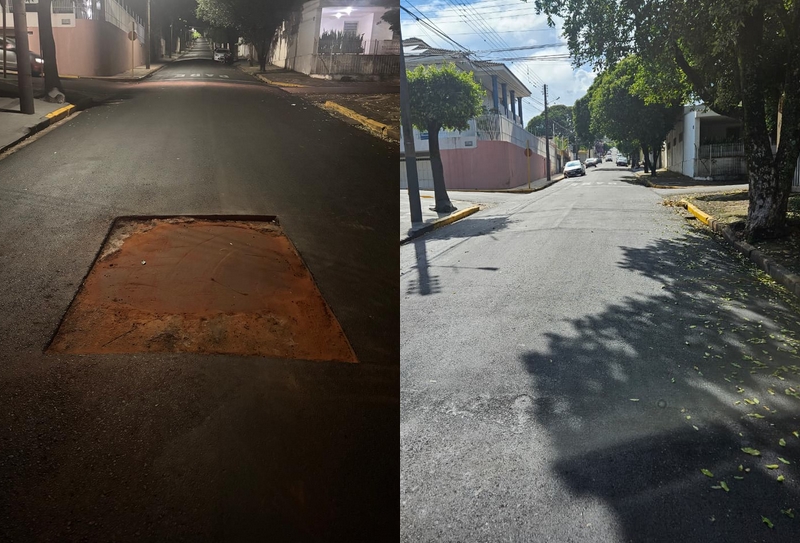 Antes e depois da Quinze de Novembro após Sabesp executar reparo