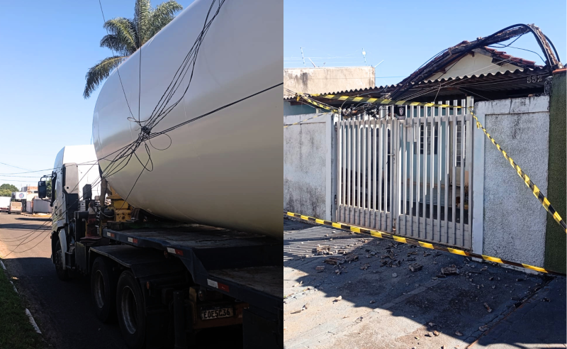 Veículo que transportava caixa-d’água de grande porte atingiu rede aérea de energia elétrica