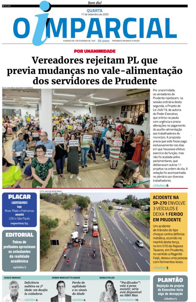 Vereadores rejeitam PL que previa mudanças no vale-alimentação dos servidores de Prudente - Por unanimidade, PL que previa mudanças no vale-alimentação dos servidores de PP é rejeitado