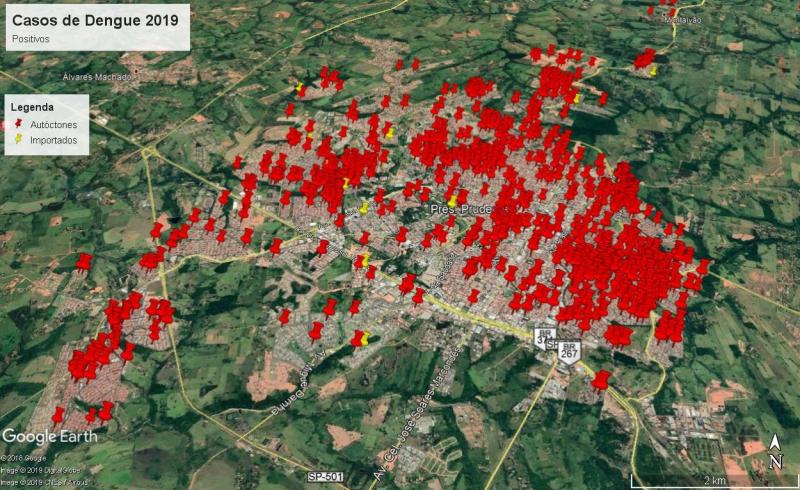 Cedida/VEM - Pontos vermelhos são casos confirmados de dengue na cidade