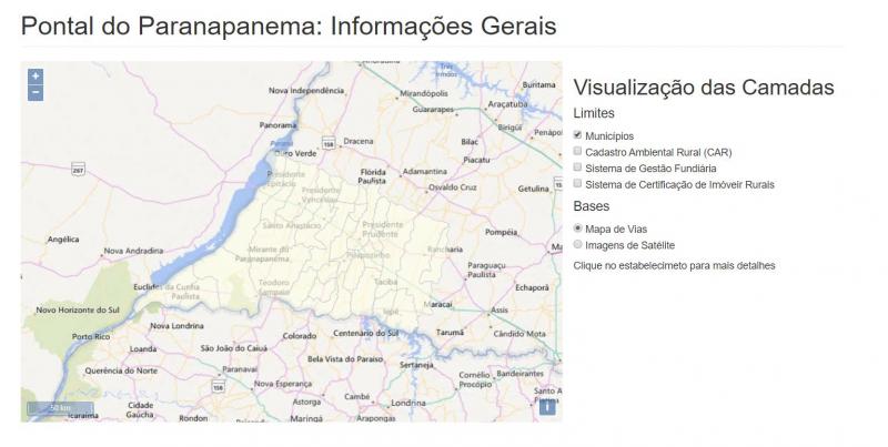 Reprodução - Interface inicial do projeto conta com mapa da região do Pontal do Paranapanema