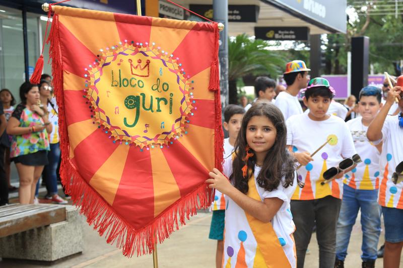 Foto: Weverson nascimento -  A pequena Tainá Ferreira, de 10 anos, foi a porta-bandeira responsável por guiar o grupo ao longo do trajeto do calçadão.