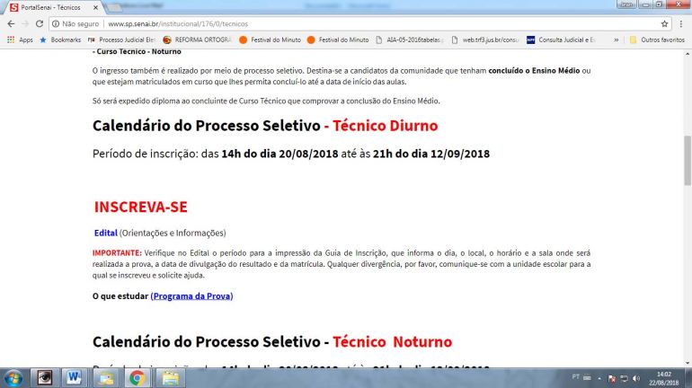 Reprodução - Inscrições são realizadas pelo site www.sp.senai.br, na aba Processo Seletivo – Técnicos; valor da taxa é de R$ 60